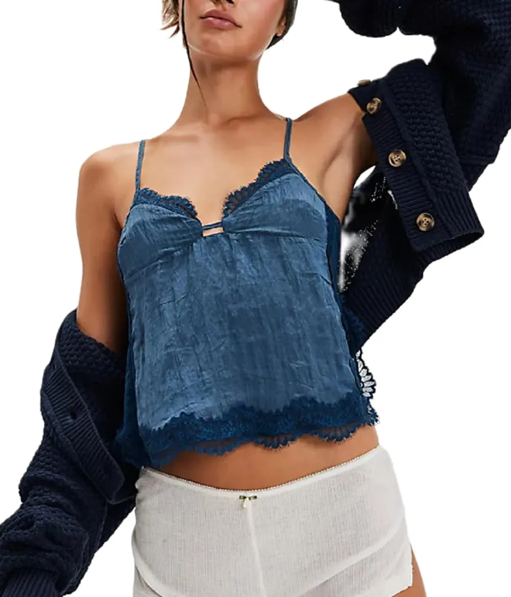 Women Y2k V Neck Lace Trim Tank Top Sheer Mesh Backless Crop Cami Tops Spaghetti Strap Tie Up Camisole Streetwear