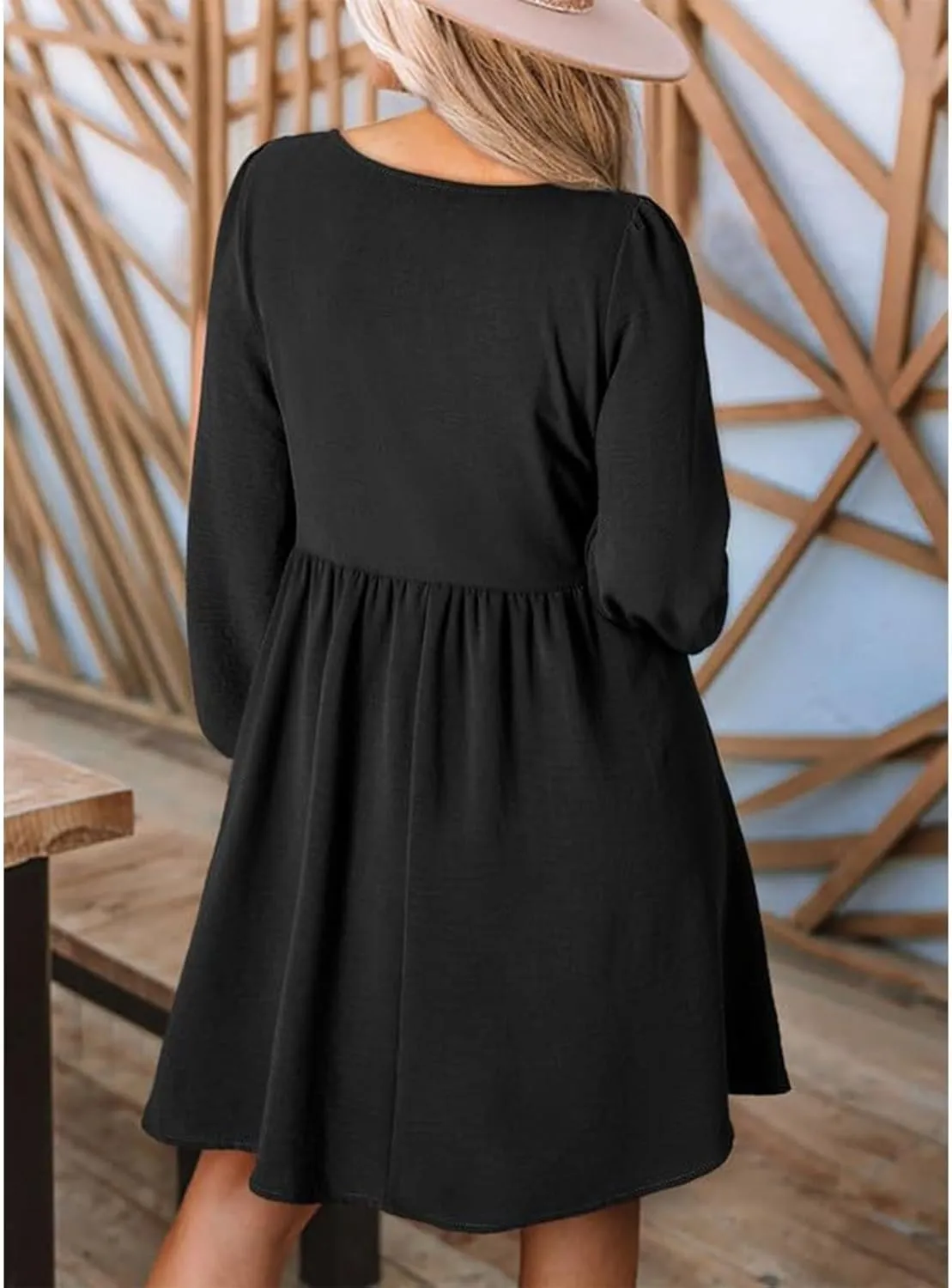 Womens 2024 Casual Dress Smocked Crewneck Button Up Long Sleeve Dresses Pleated Ruffle Flowy A-Line Waist Mini Dress