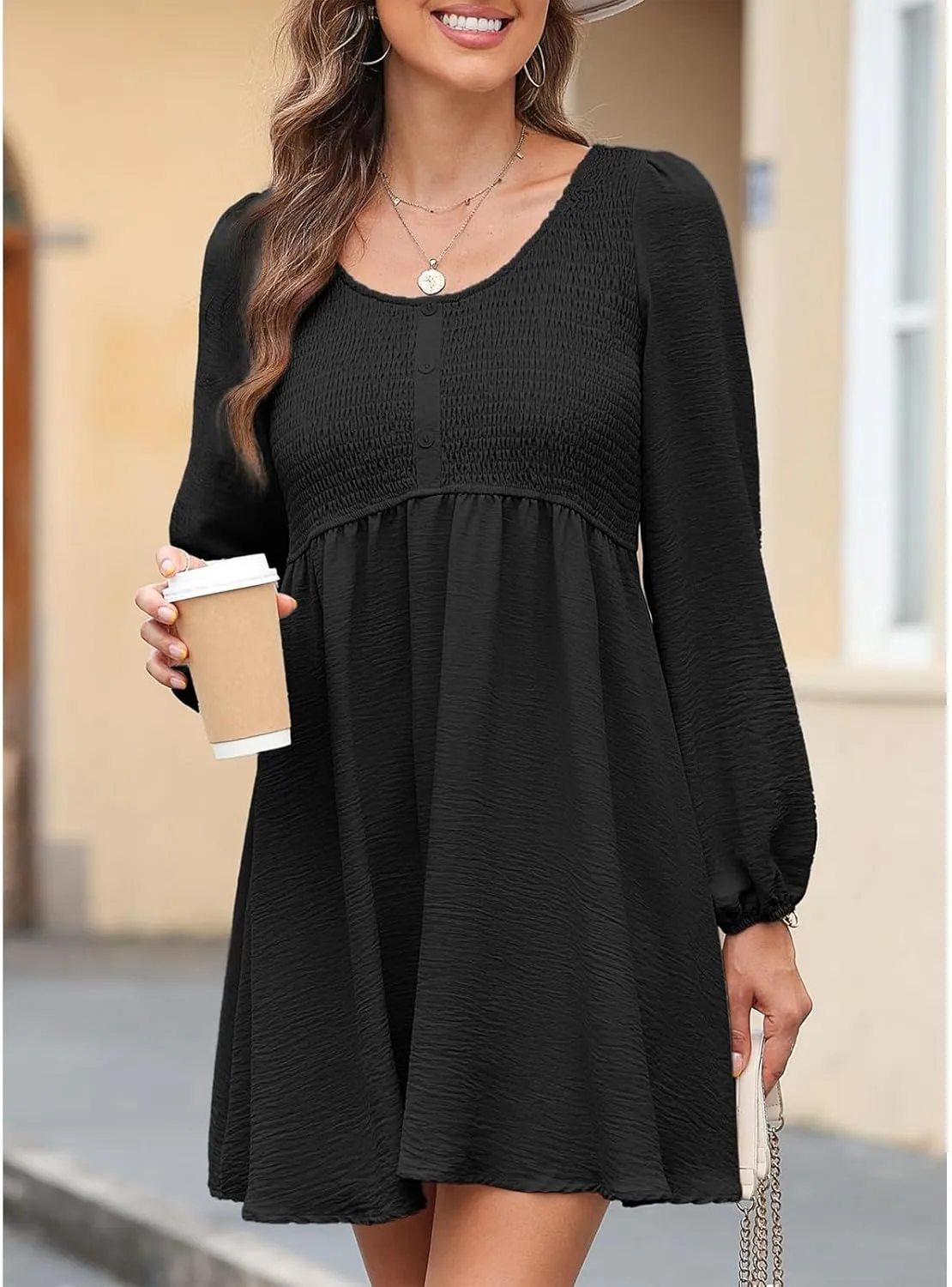 Womens 2024 Casual Dress Smocked Crewneck Button Up Long Sleeve Dresses Pleated Ruffle Flowy A-Line Waist Mini Dress