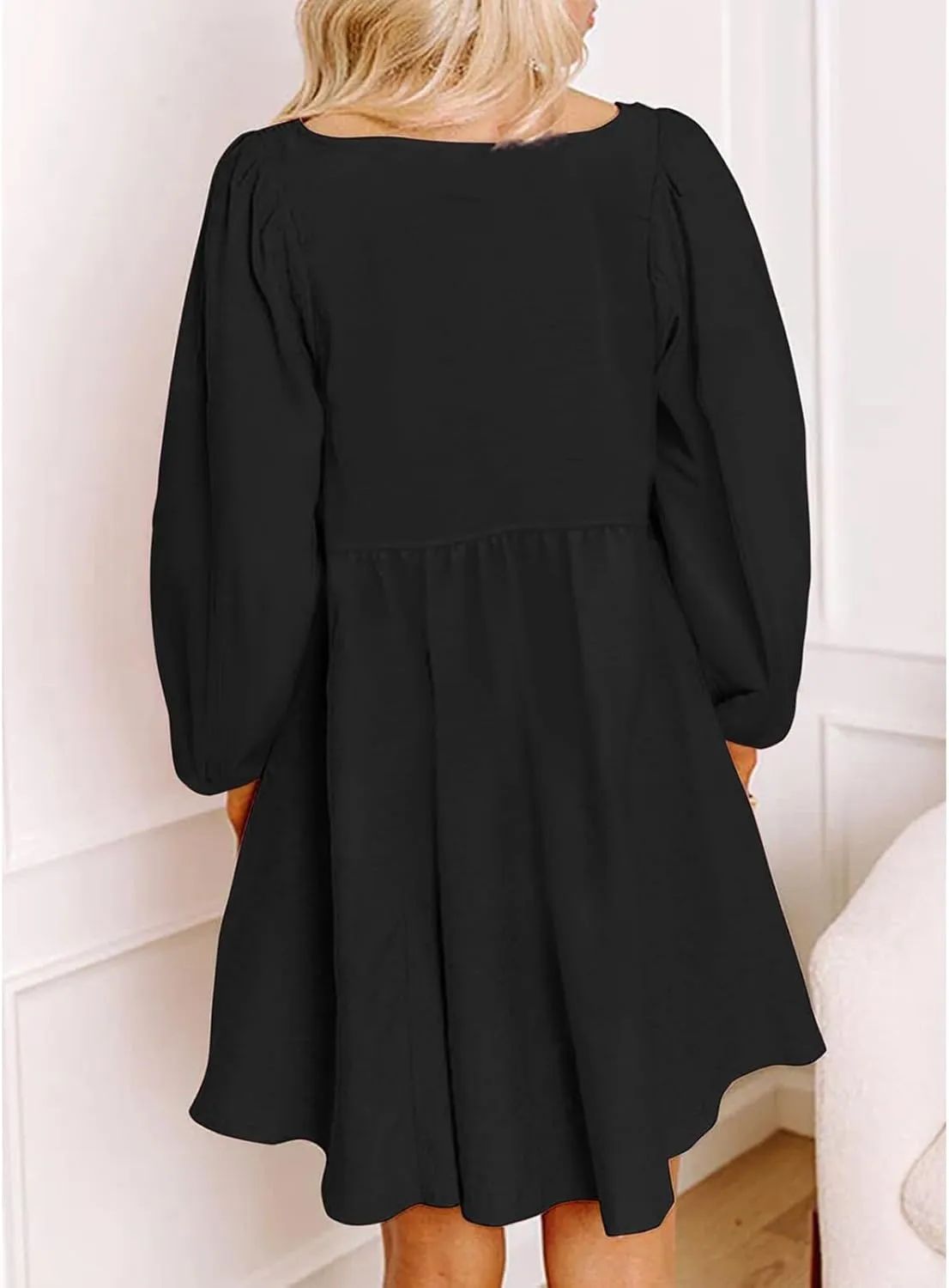 Womens 2024 Casual Dress Smocked Crewneck Button Up Long Sleeve Dresses Pleated Ruffle Flowy A-Line Waist Mini Dress