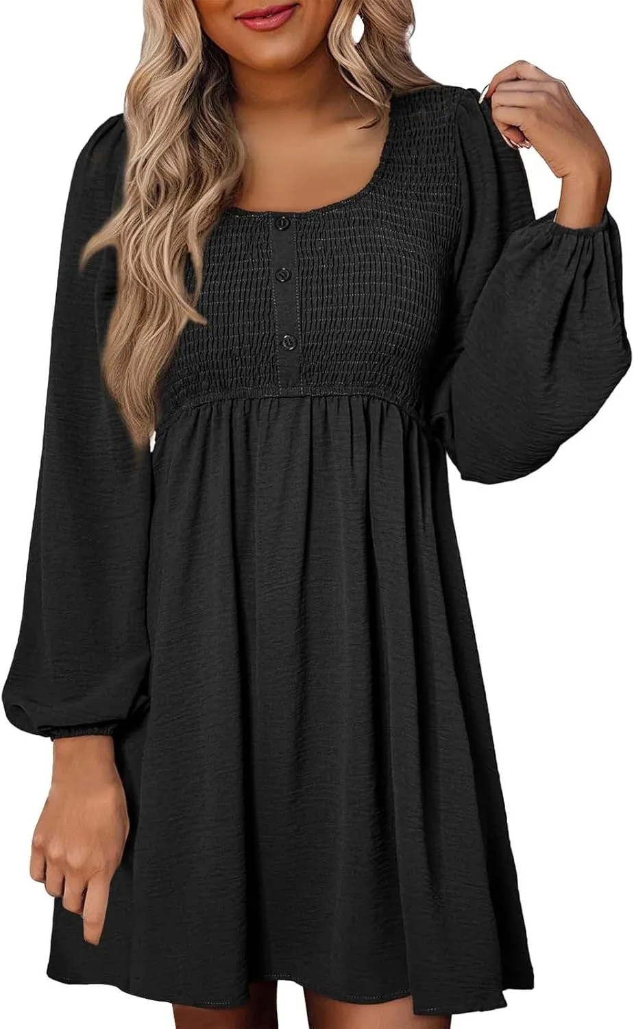 Womens 2024 Casual Dress Smocked Crewneck Button Up Long Sleeve Dresses Pleated Ruffle Flowy A-Line Waist Mini Dress