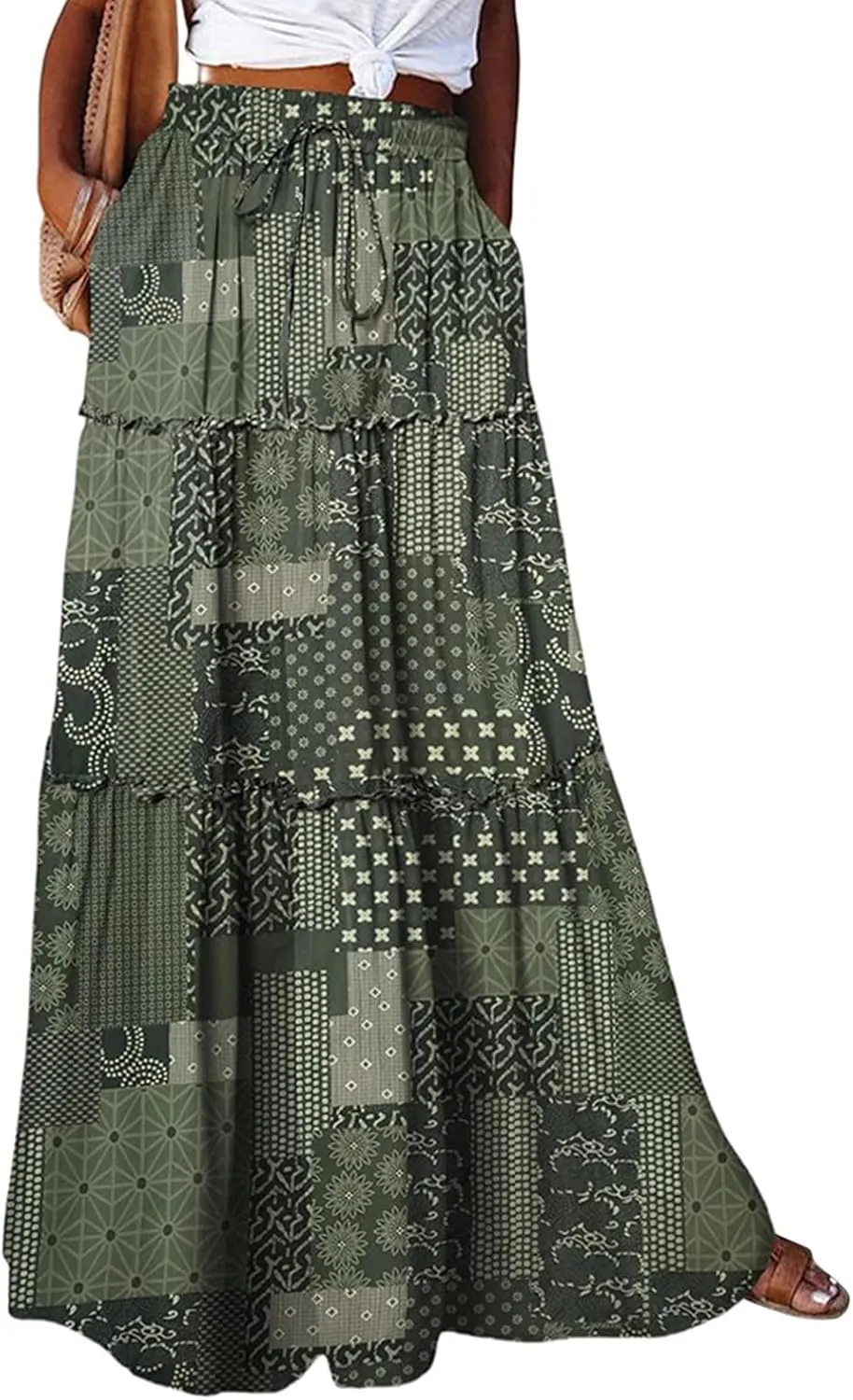 Womens 2025 Summer Boho Floral Maxi Skirt High Waist Casual Elastic Waist Flowy Pleated A Line Skirts with Pockets