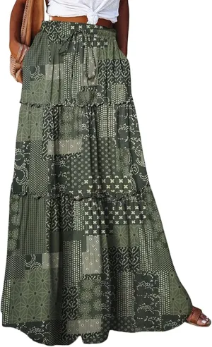 Womens 2025 Summer Boho Floral Maxi Skirt High Waist Casual Elastic Waist Flowy Pleated A Line Skirts with Pockets