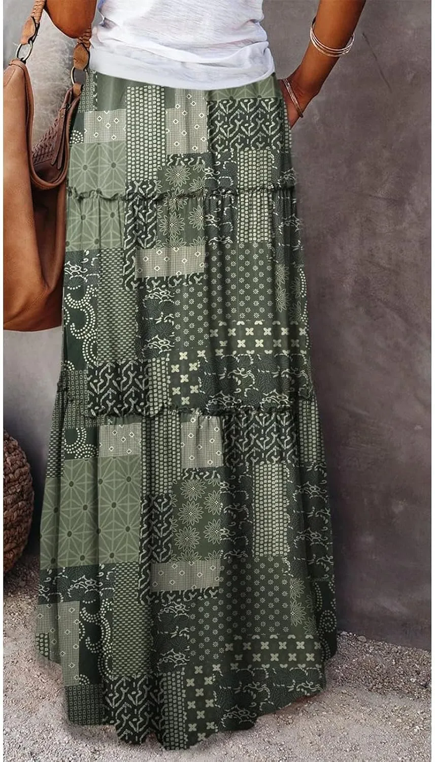 Womens 2025 Summer Boho Floral Maxi Skirt High Waist Casual Elastic Waist Flowy Pleated A Line Skirts with Pockets