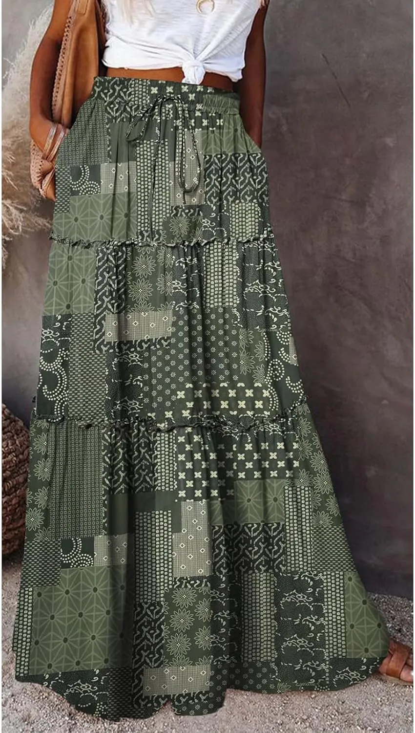 Womens 2025 Summer Boho Floral Maxi Skirt High Waist Casual Elastic Waist Flowy Pleated A Line Skirts with Pockets