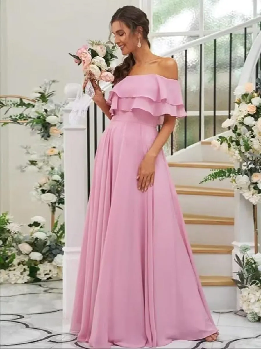 Womens A Line Off Shoulder Bridesmaid Dress, Ruffles Chiffon Long Formal Evening Party Gown with Pockets