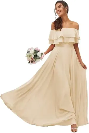 Womens A Line Off Shoulder Bridesmaid Dress, Ruffles Chiffon Long Formal Evening Party Gown with Pockets
