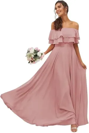 Womens A Line Off Shoulder Bridesmaid Dress, Ruffles Chiffon Long Formal Evening Party Gown with Pockets