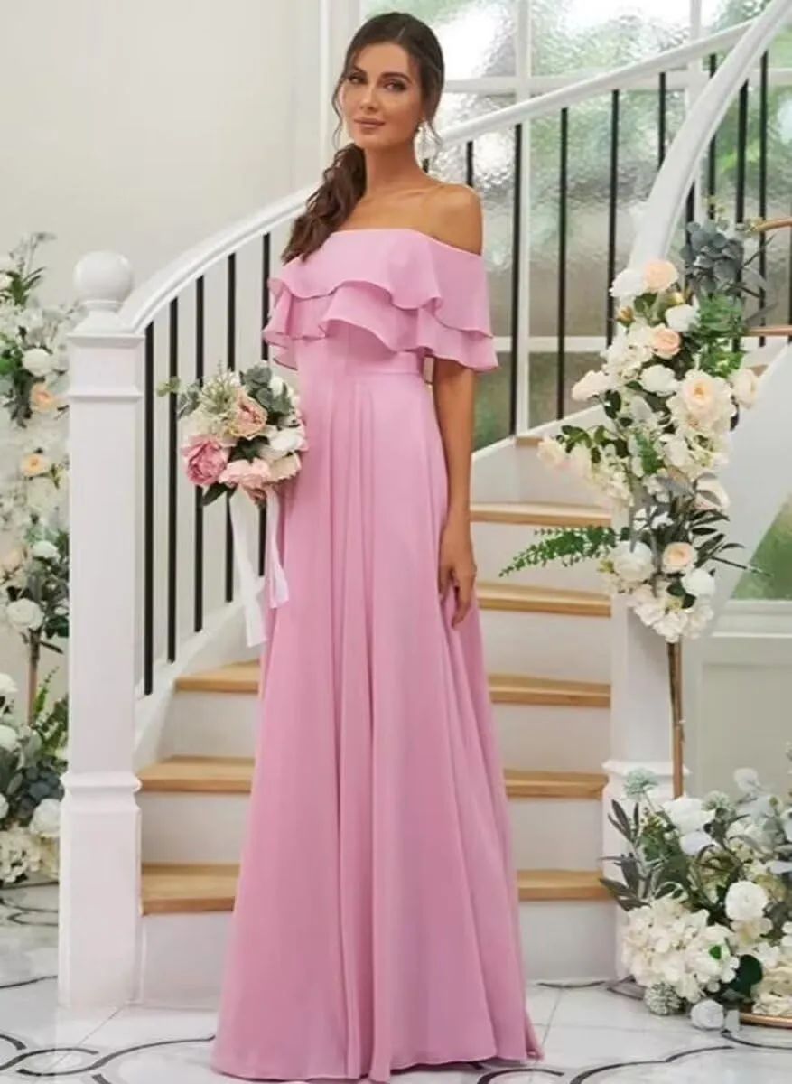 Womens A Line Off Shoulder Bridesmaid Dress, Ruffles Chiffon Long Formal Evening Party Gown with Pockets