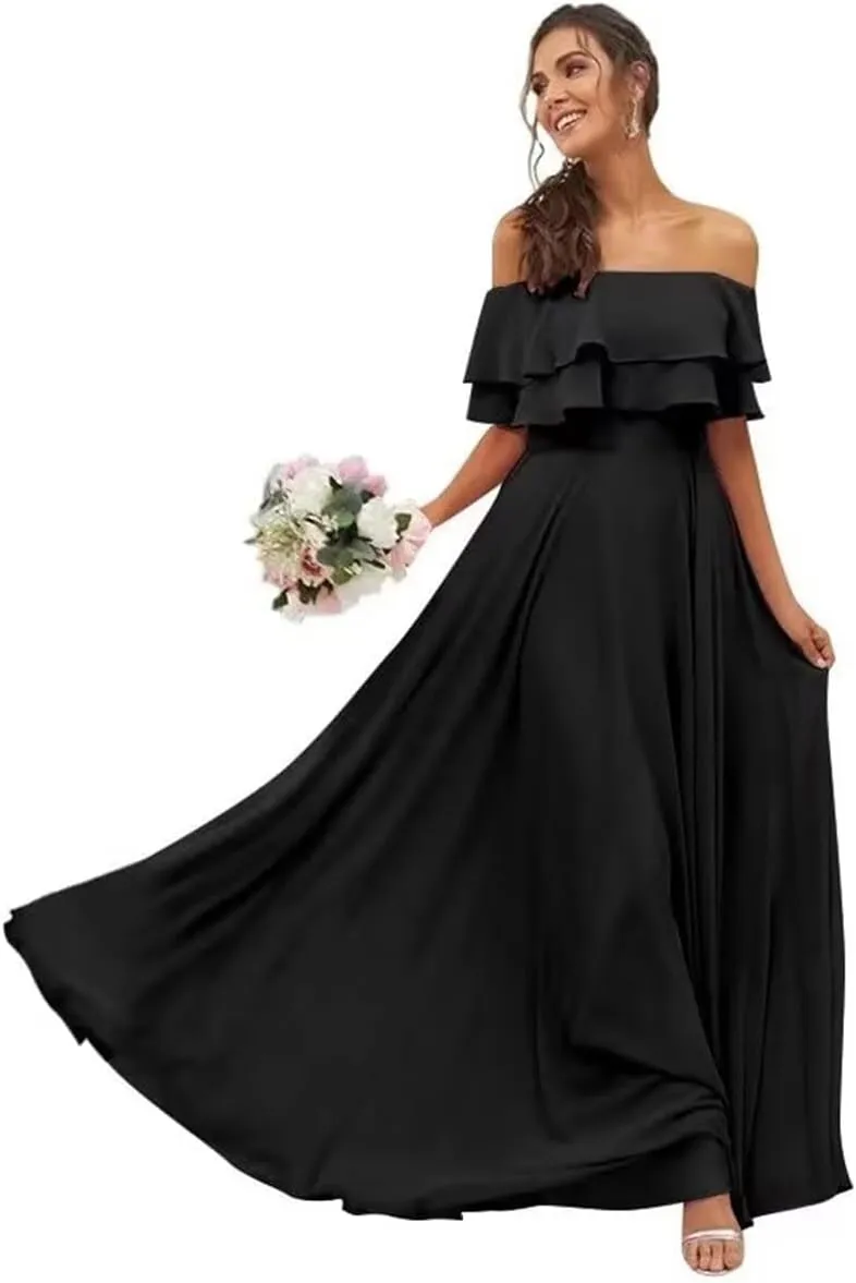Womens A Line Off Shoulder Bridesmaid Dress, Ruffles Chiffon Long Formal Evening Party Gown with Pockets