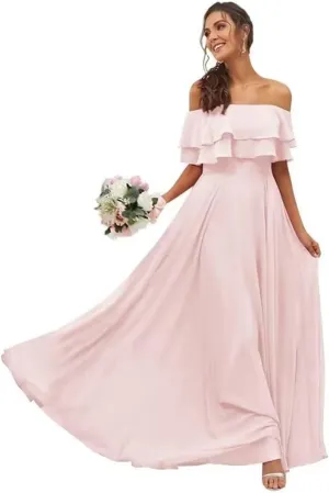 Womens A Line Off Shoulder Bridesmaid Dress, Ruffles Chiffon Long Formal Evening Party Gown with Pockets