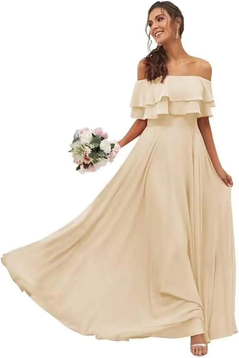 Womens A Line Off Shoulder Bridesmaid Dress, Ruffles Chiffon Long Formal Evening Party Gown with Pockets