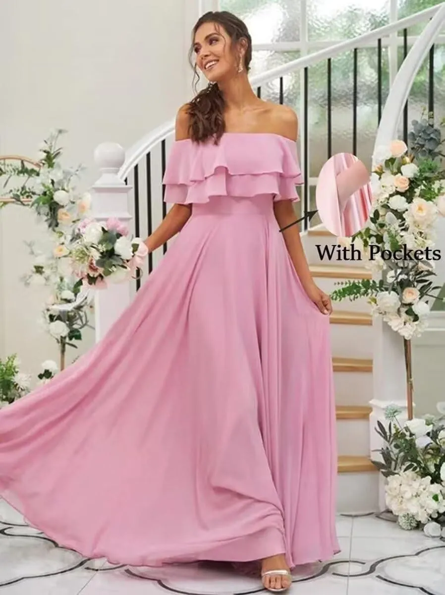 Womens A Line Off Shoulder Bridesmaid Dress, Ruffles Chiffon Long Formal Evening Party Gown with Pockets