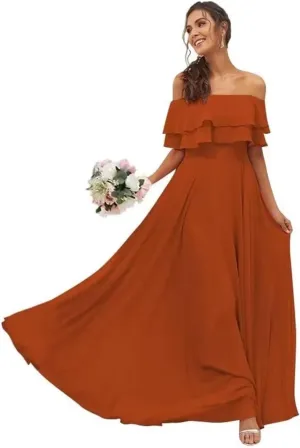 Womens A Line Off Shoulder Bridesmaid Dress, Ruffles Chiffon Long Formal Evening Party Gown with Pockets