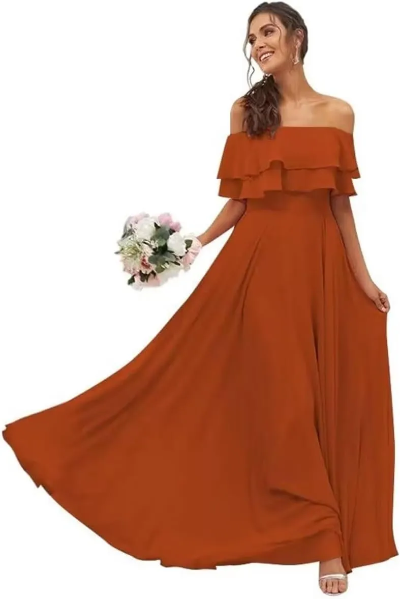Womens A Line Off Shoulder Bridesmaid Dress, Ruffles Chiffon Long Formal Evening Party Gown with Pockets