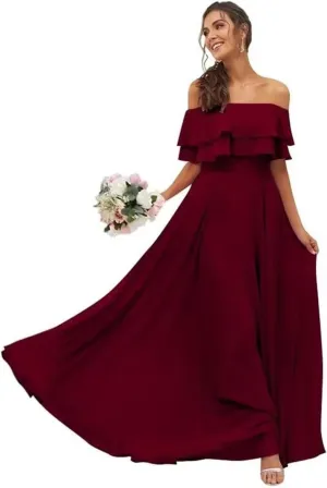 Womens A Line Off Shoulder Bridesmaid Dress, Ruffles Chiffon Long Formal Evening Party Gown with Pockets
