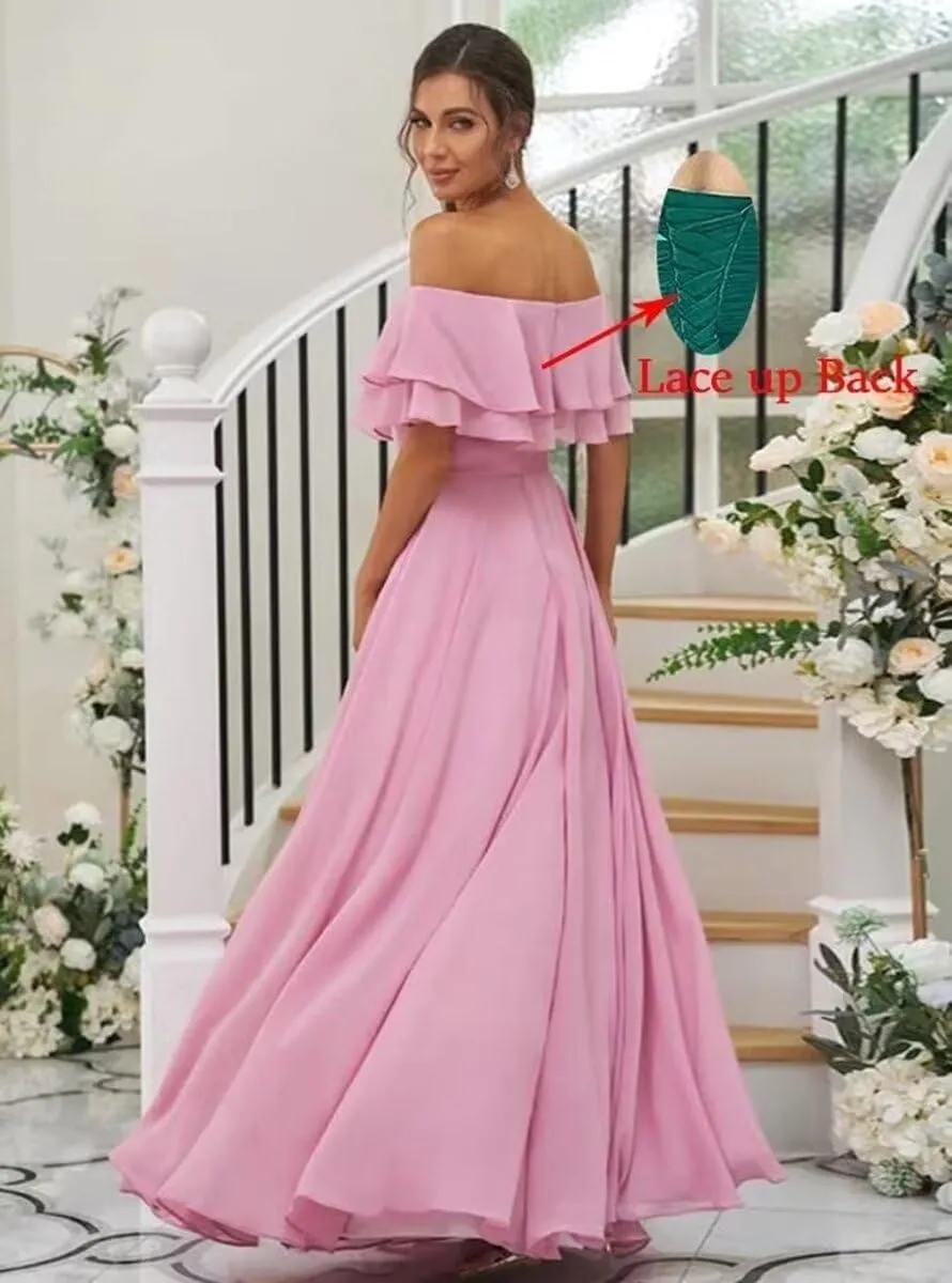 Womens A Line Off Shoulder Bridesmaid Dress, Ruffles Chiffon Long Formal Evening Party Gown with Pockets