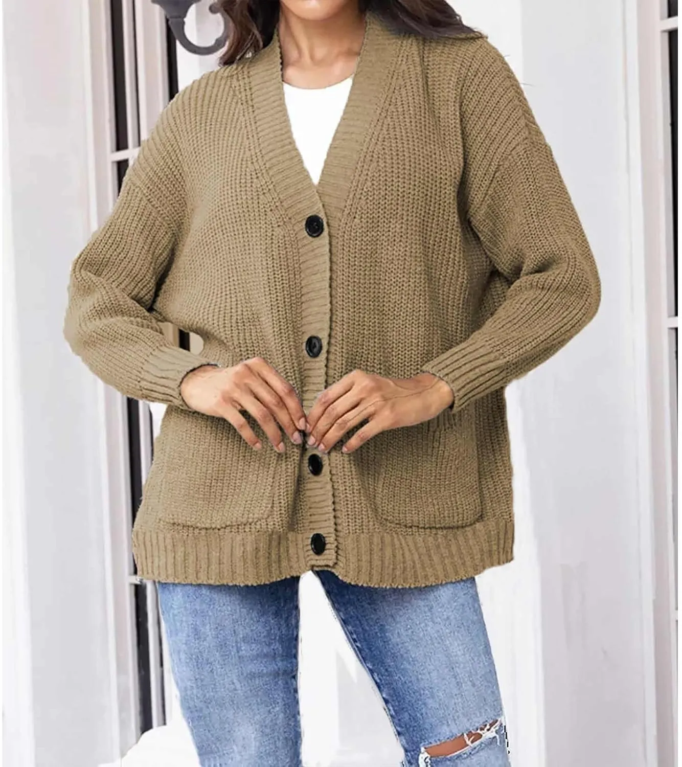 Women's Autumn Sweater Trendy Solid Knitted Button Down Long Sleeve Warm Loose Cardigan Winter Thick Crochet Coats