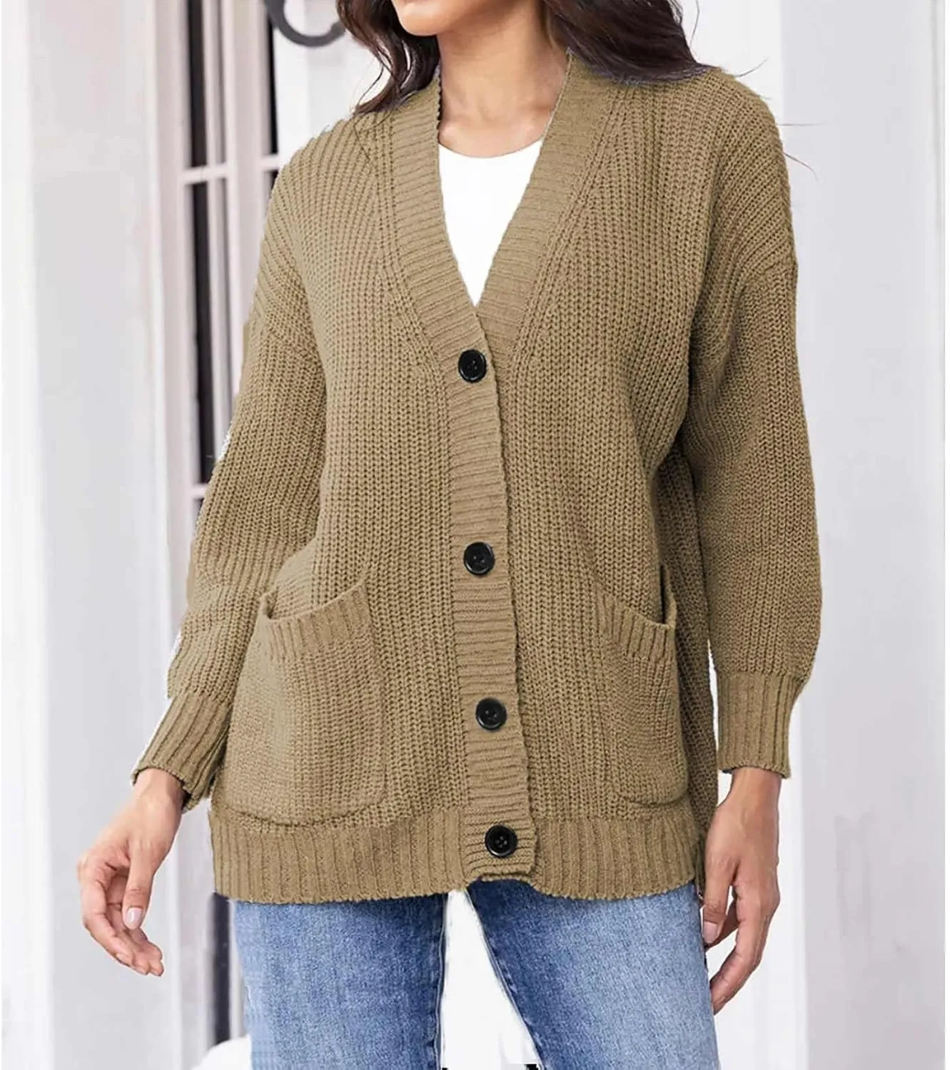 Women's Autumn Sweater Trendy Solid Knitted Button Down Long Sleeve Warm Loose Cardigan Winter Thick Crochet Coats