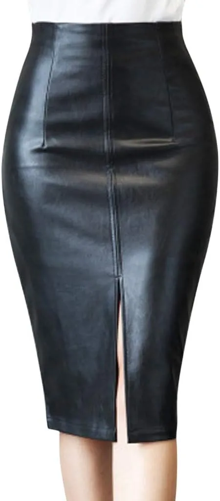 Womens Casual Bodycon Skirt Women's Midi Skirts Leather Skirts Split High Waist Bodycon Pencil Skirt Vintage