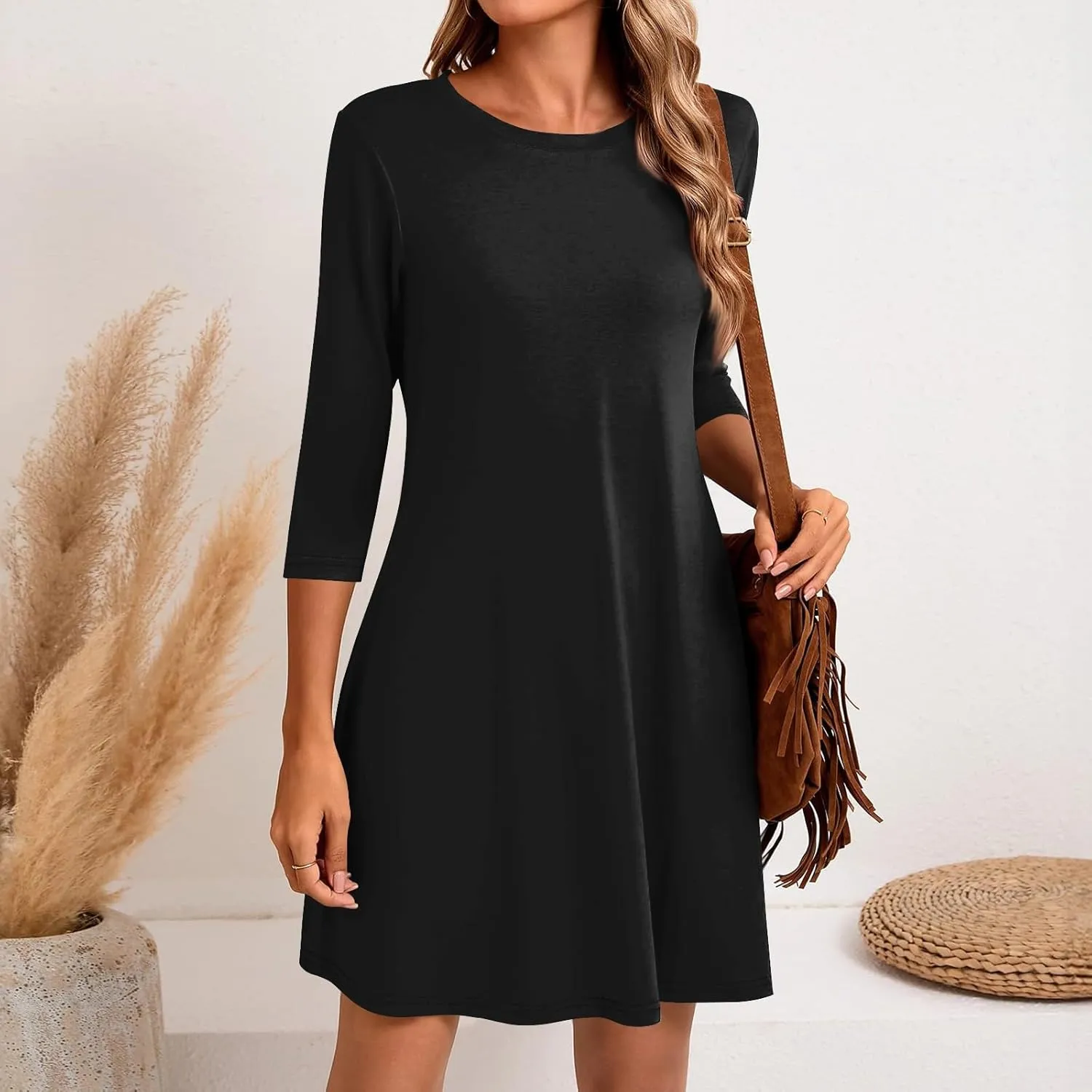 Womens Casual Long Sleeve T Shirt Dresses Trendy Plus Size 3/4 Sleeve Mini Dress Elegant Formal Flowy Short Dress