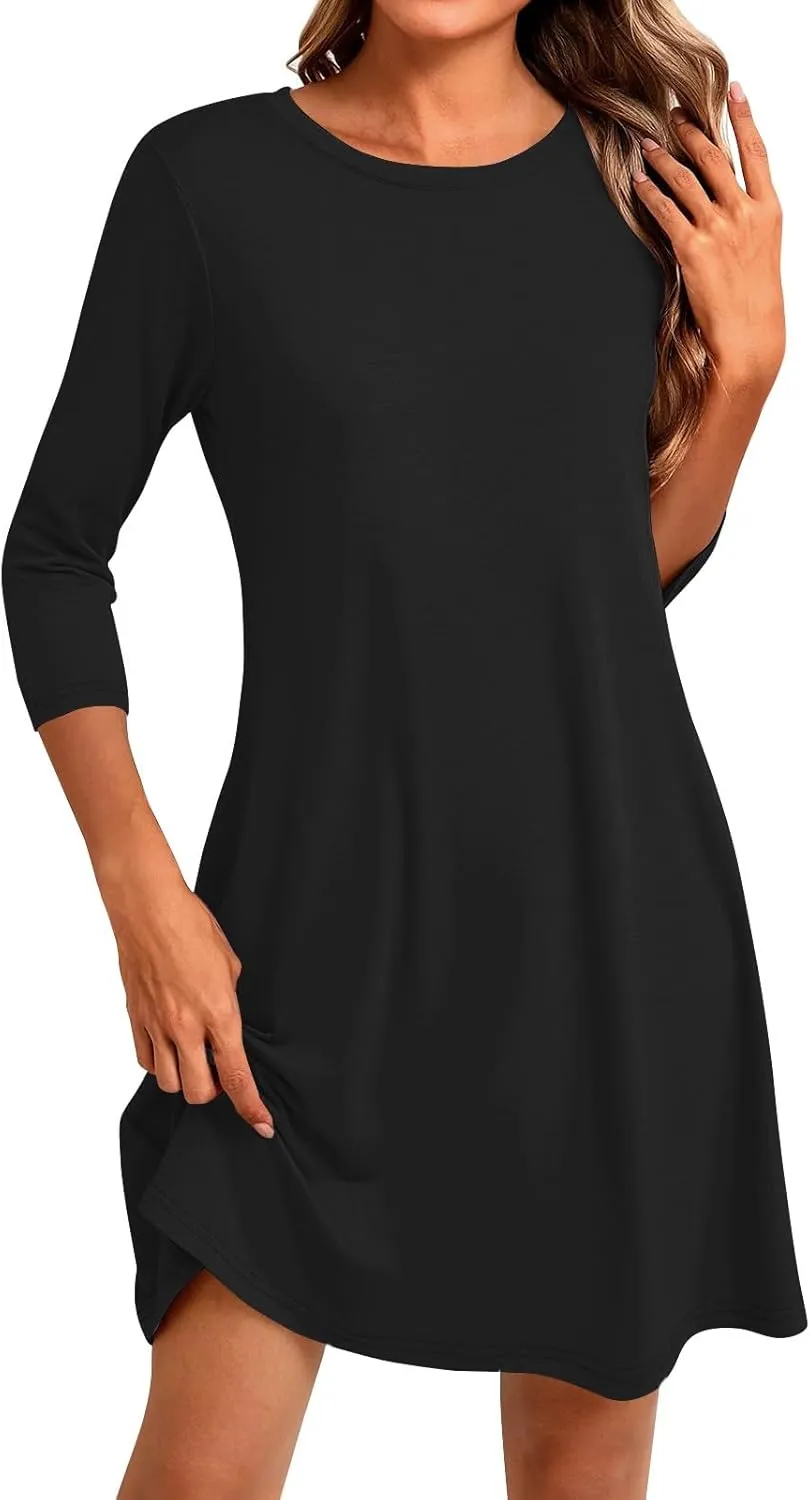 Womens Casual Long Sleeve T Shirt Dresses Trendy Plus Size 3/4 Sleeve Mini Dress Elegant Formal Flowy Short Dress
