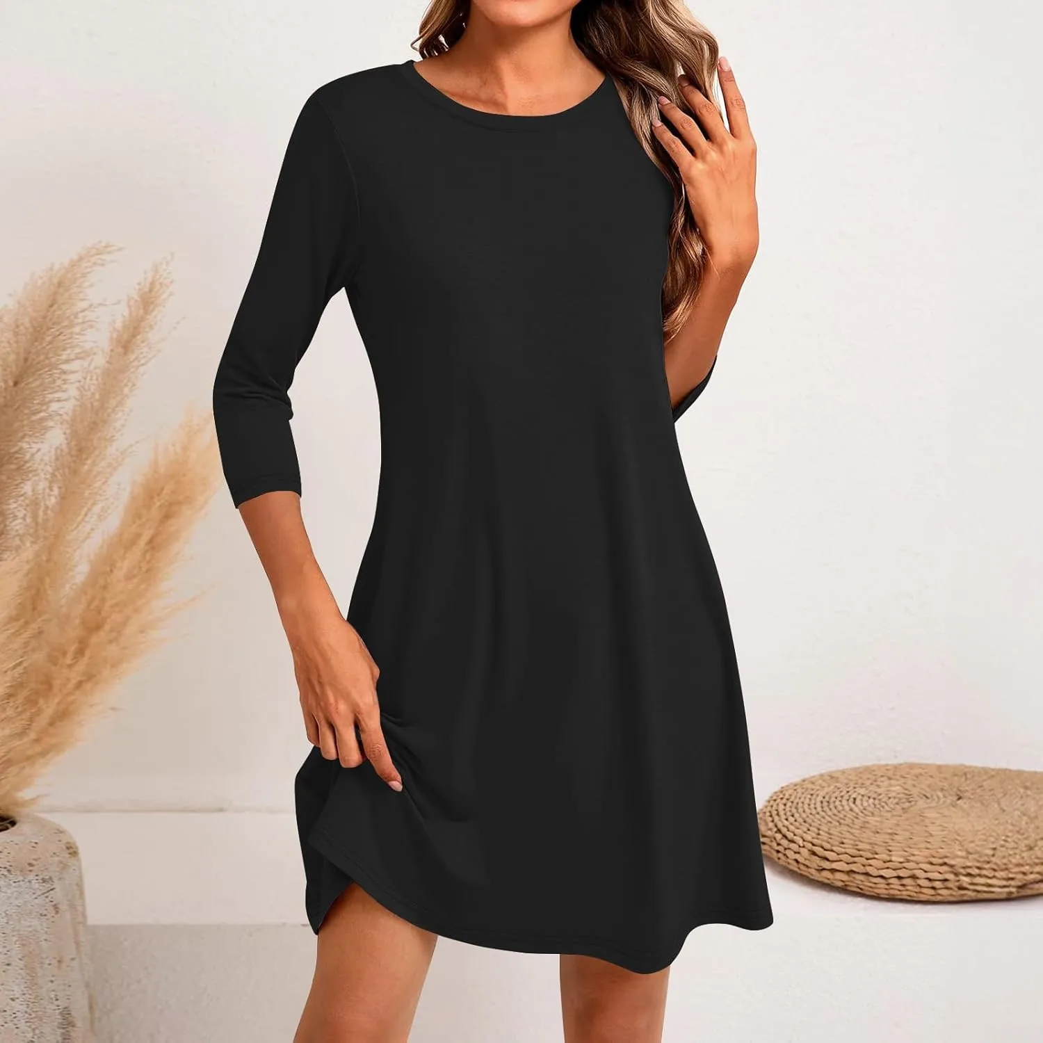 Womens Casual Long Sleeve T Shirt Dresses Trendy Plus Size 3/4 Sleeve Mini Dress Elegant Formal Flowy Short Dress