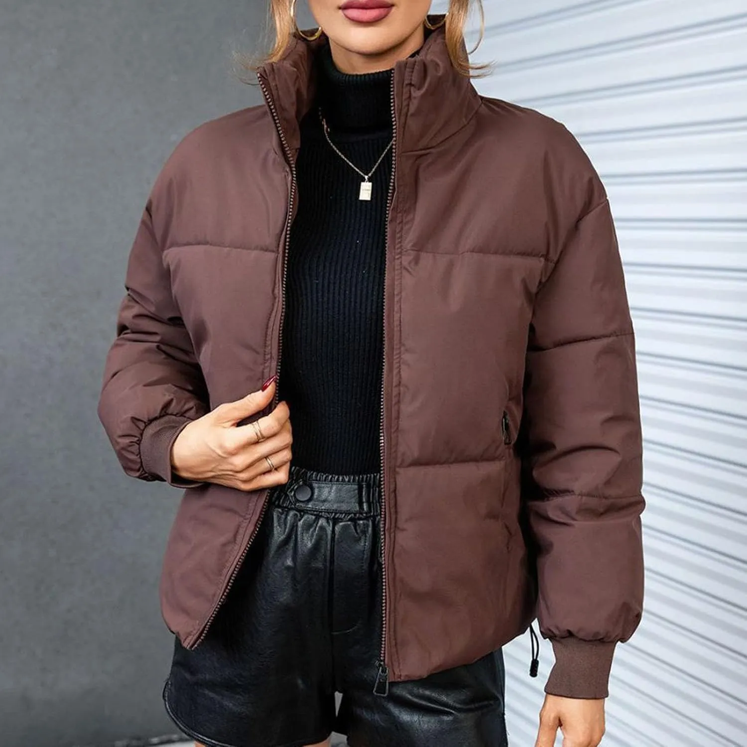 Womens Casual Puffer Jacket Winter Long Sleeve Full Zip Cotton Padded Coat Warm Stand Collar Short Quilted Down Outwear