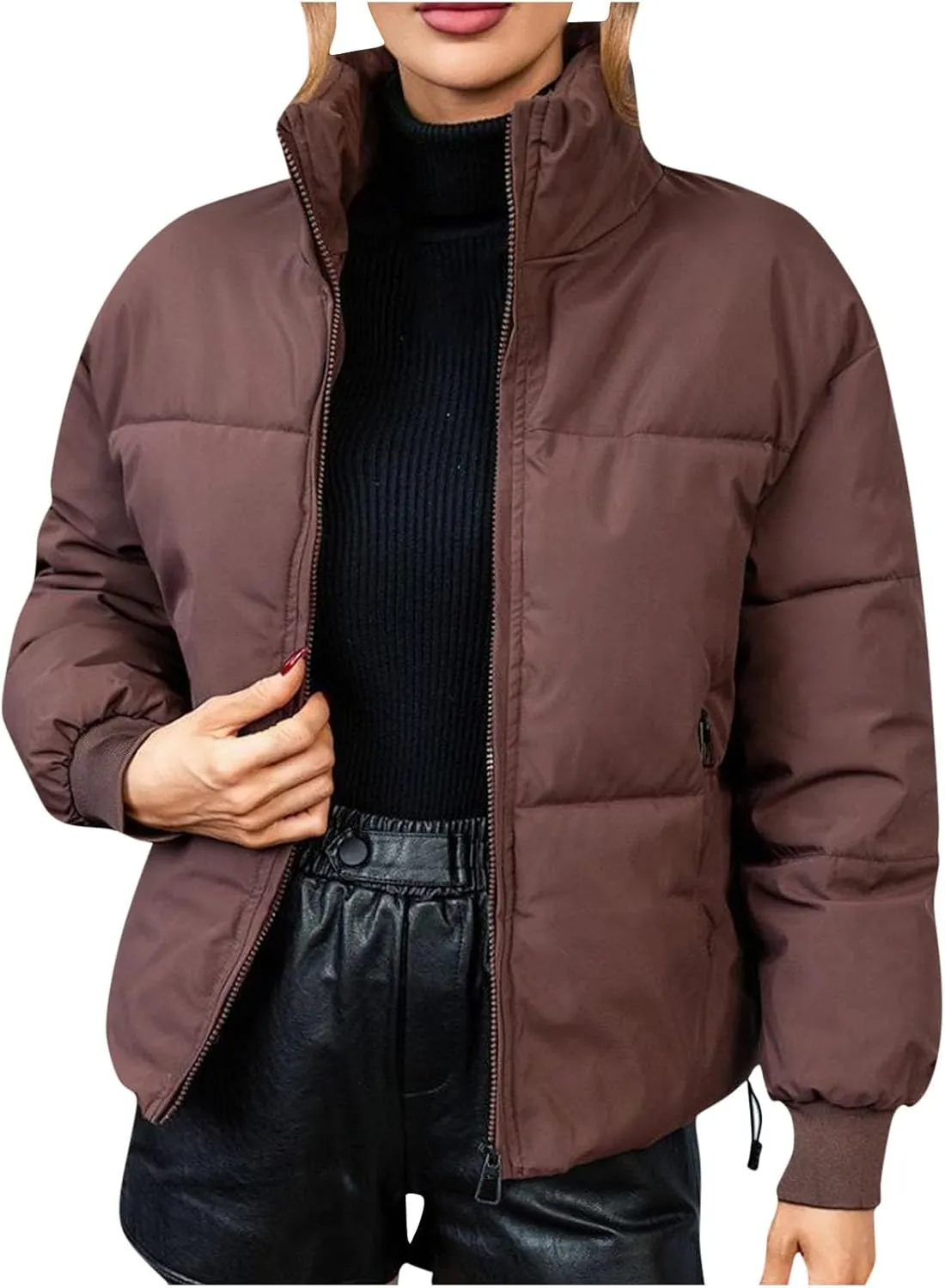 Womens Casual Puffer Jacket Winter Long Sleeve Full Zip Cotton Padded Coat Warm Stand Collar Short Quilted Down Outwear