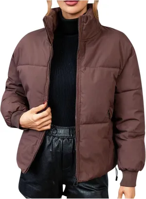 Womens Casual Puffer Jacket Winter Long Sleeve Full Zip Cotton Padded Coat Warm Stand Collar Short Quilted Down Outwear