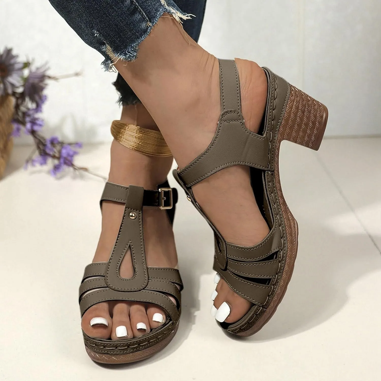Womens Chunky Low Heels Sandals Casual Ankle Strap Open Toe Heeled Sandals Fashion Summer Party Dress Shoes