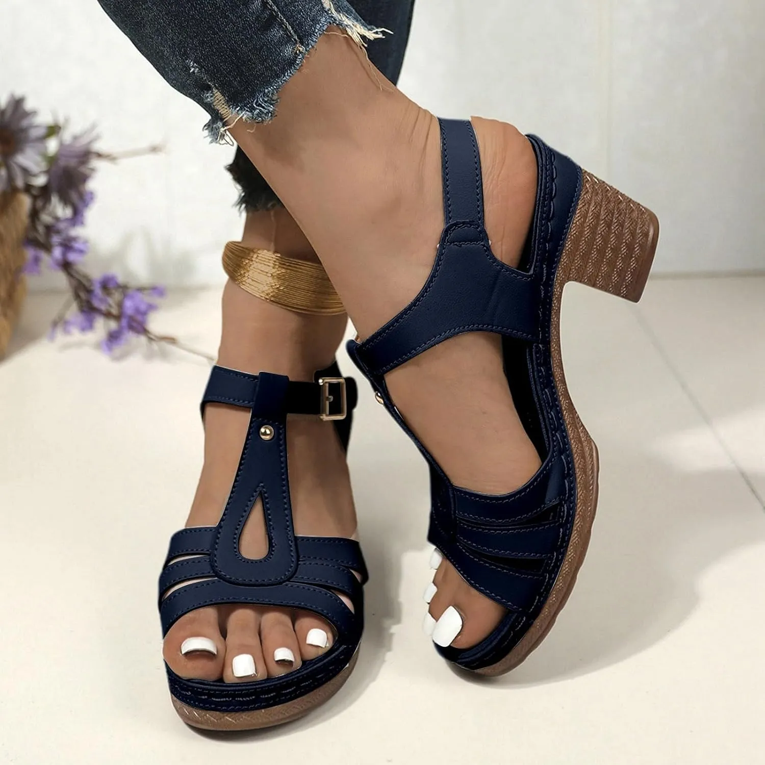 Womens Chunky Low Heels Sandals Casual Ankle Strap Open Toe Heeled Sandals Fashion Summer Party Dress Shoes