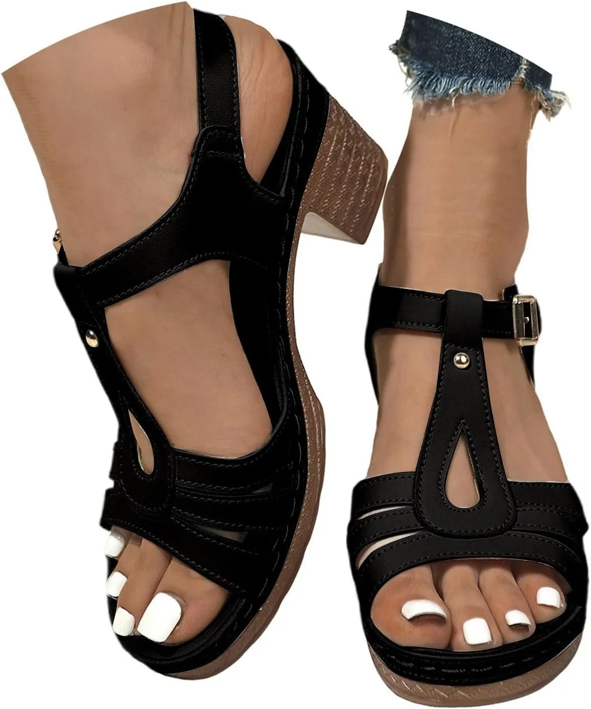 Womens Chunky Low Heels Sandals Casual Ankle Strap Open Toe Heeled Sandals Fashion Summer Party Dress Shoes