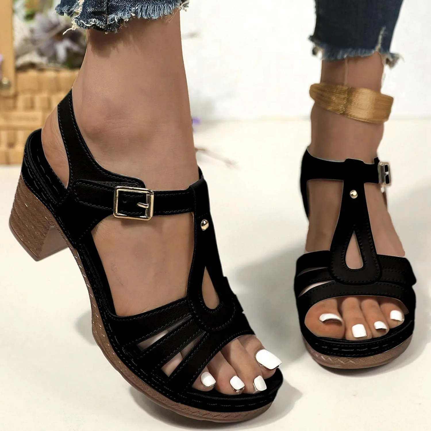Womens Chunky Low Heels Sandals Casual Ankle Strap Open Toe Heeled Sandals Fashion Summer Party Dress Shoes