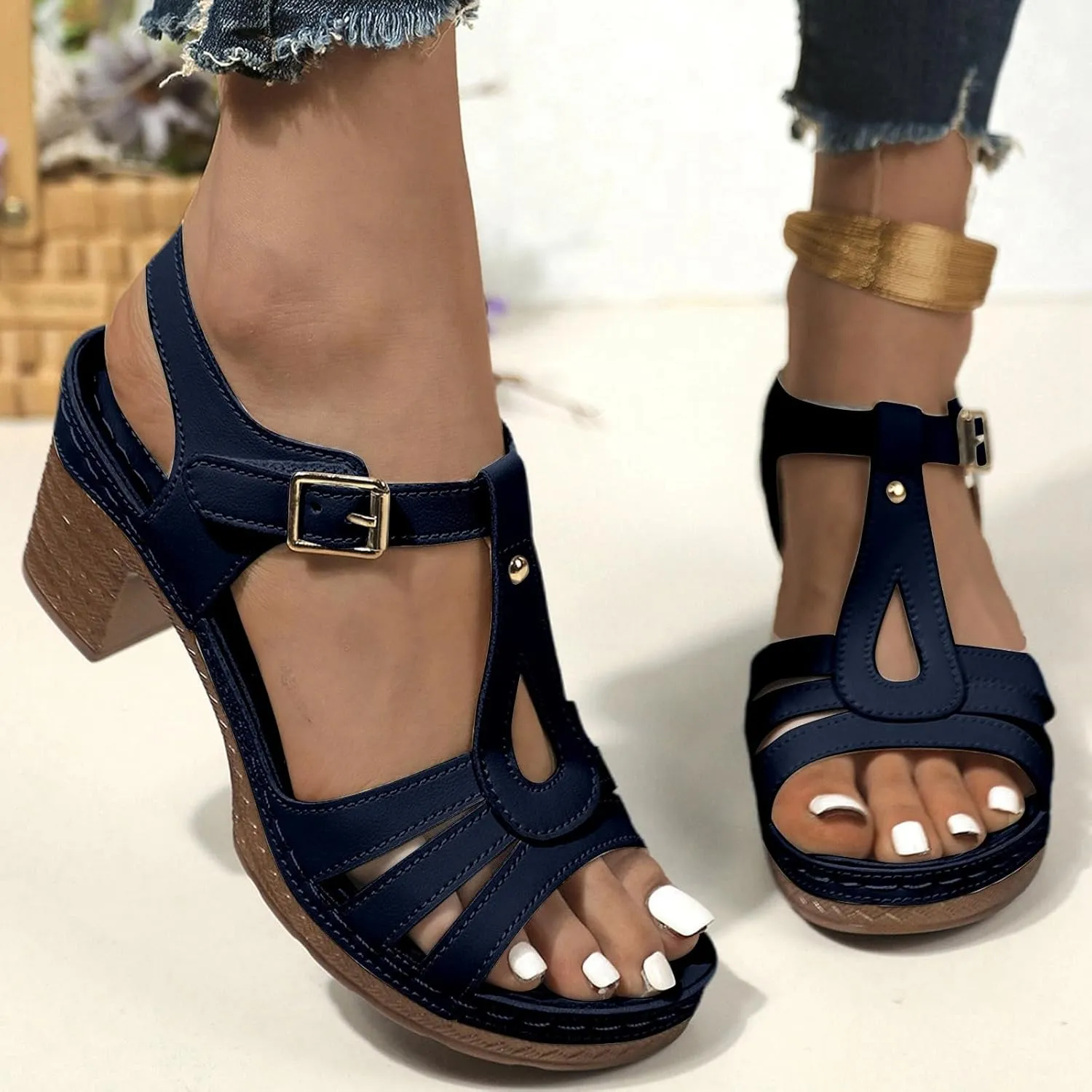 Womens Chunky Low Heels Sandals Casual Ankle Strap Open Toe Heeled Sandals Fashion Summer Party Dress Shoes