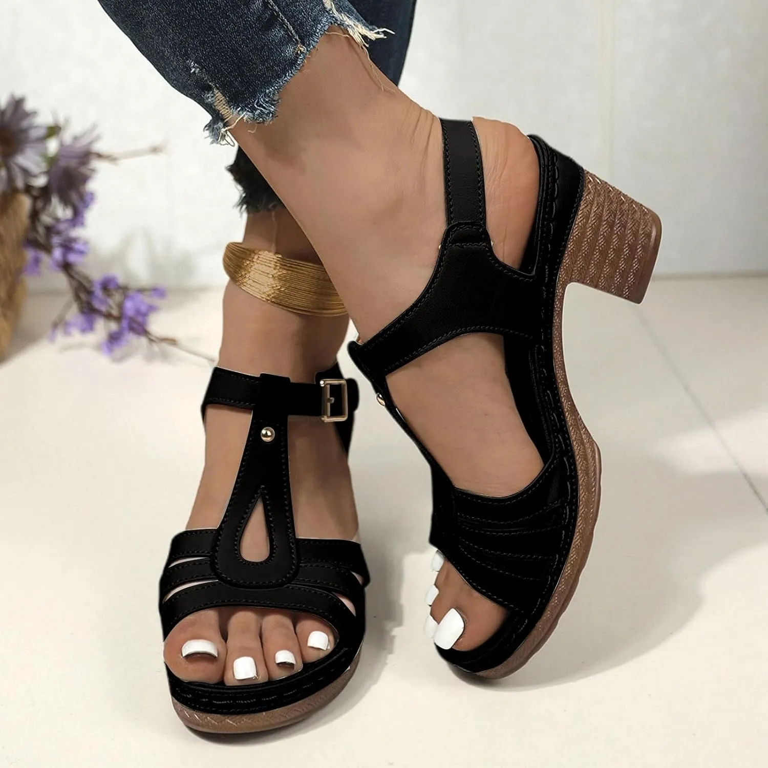 Womens Chunky Low Heels Sandals Casual Ankle Strap Open Toe Heeled Sandals Fashion Summer Party Dress Shoes