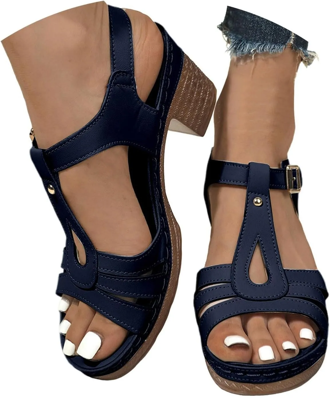 Womens Chunky Low Heels Sandals Casual Ankle Strap Open Toe Heeled Sandals Fashion Summer Party Dress Shoes