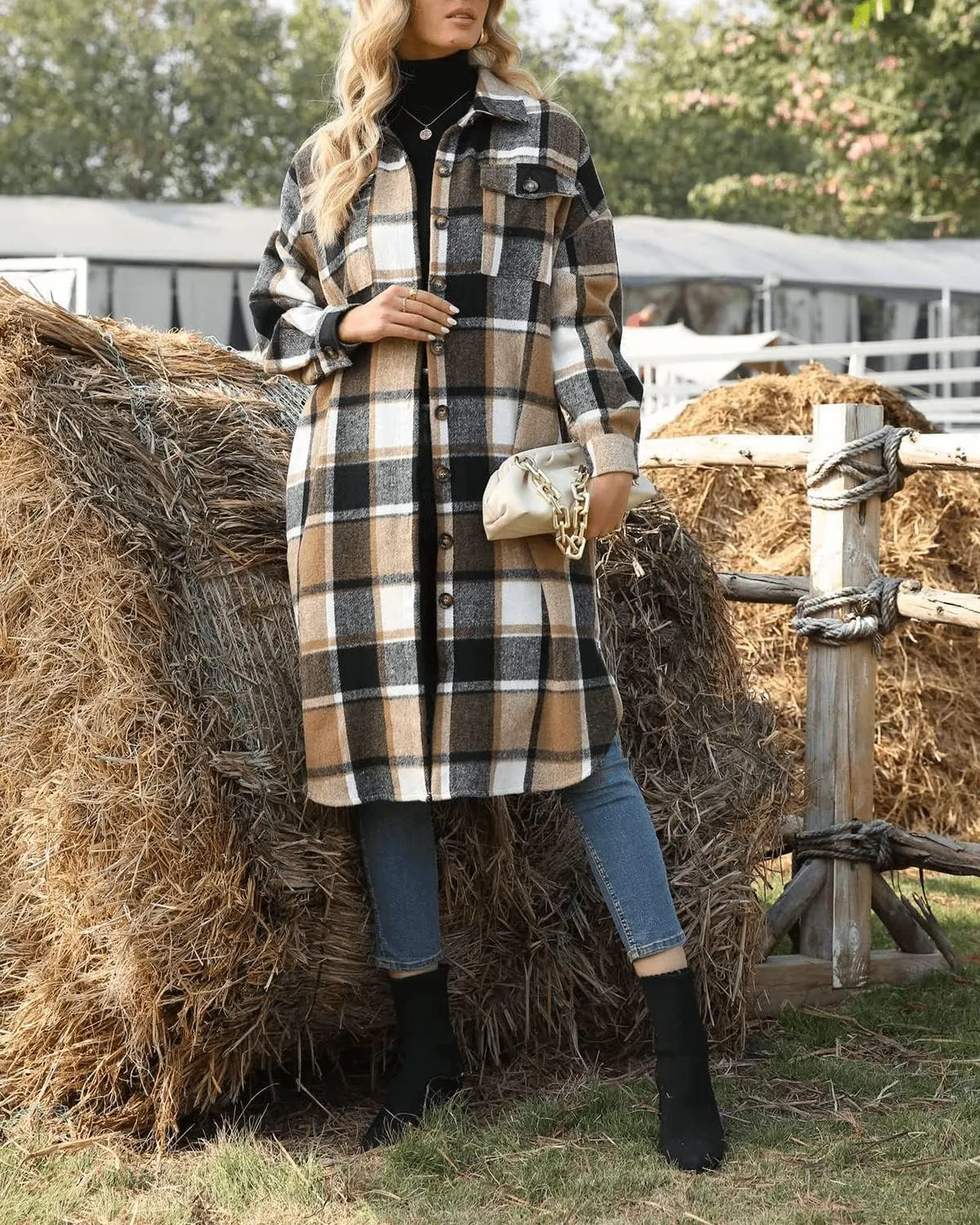 Womens Collared Faux Woolen Single Breasted Plaid Long Shirt Jacket Button Down Tartan Flannel Trench Coat