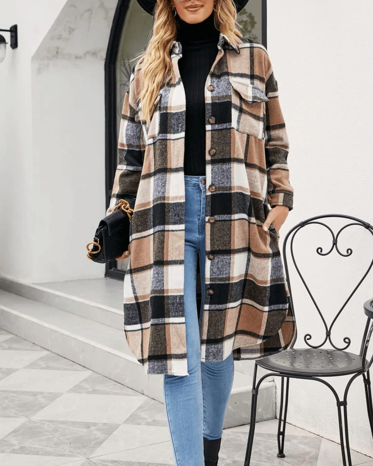 Womens Collared Faux Woolen Single Breasted Plaid Long Shirt Jacket Button Down Tartan Flannel Trench Coat