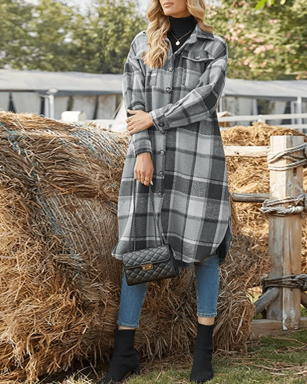 Womens Collared Faux Woolen Single Breasted Plaid Long Shirt Jacket Button Down Tartan Flannel Trench Coat