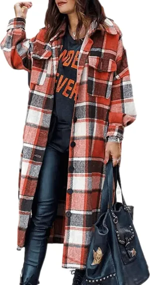 Womens Collared Faux Woolen Single Breasted Plaid Long Shirt Jacket Button Down Tartan Flannel Trench Coat