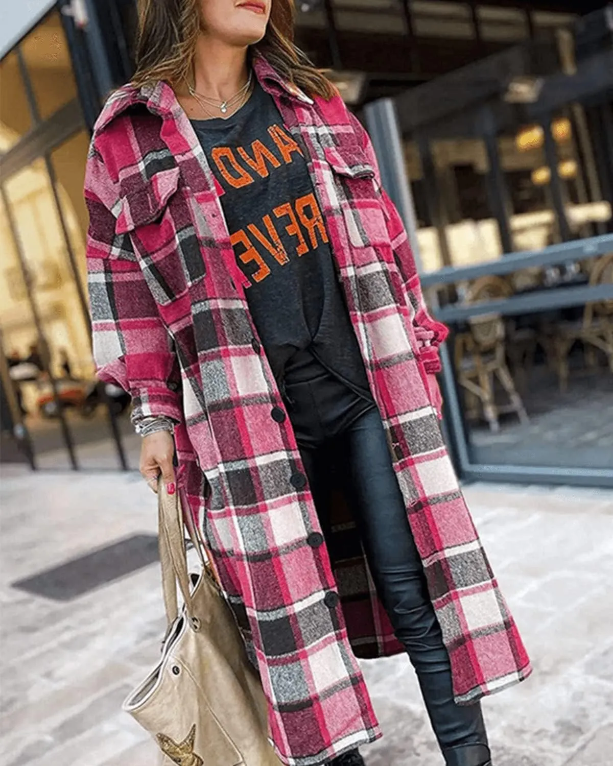 Womens Collared Faux Woolen Single Breasted Plaid Long Shirt Jacket Button Down Tartan Flannel Trench Coat