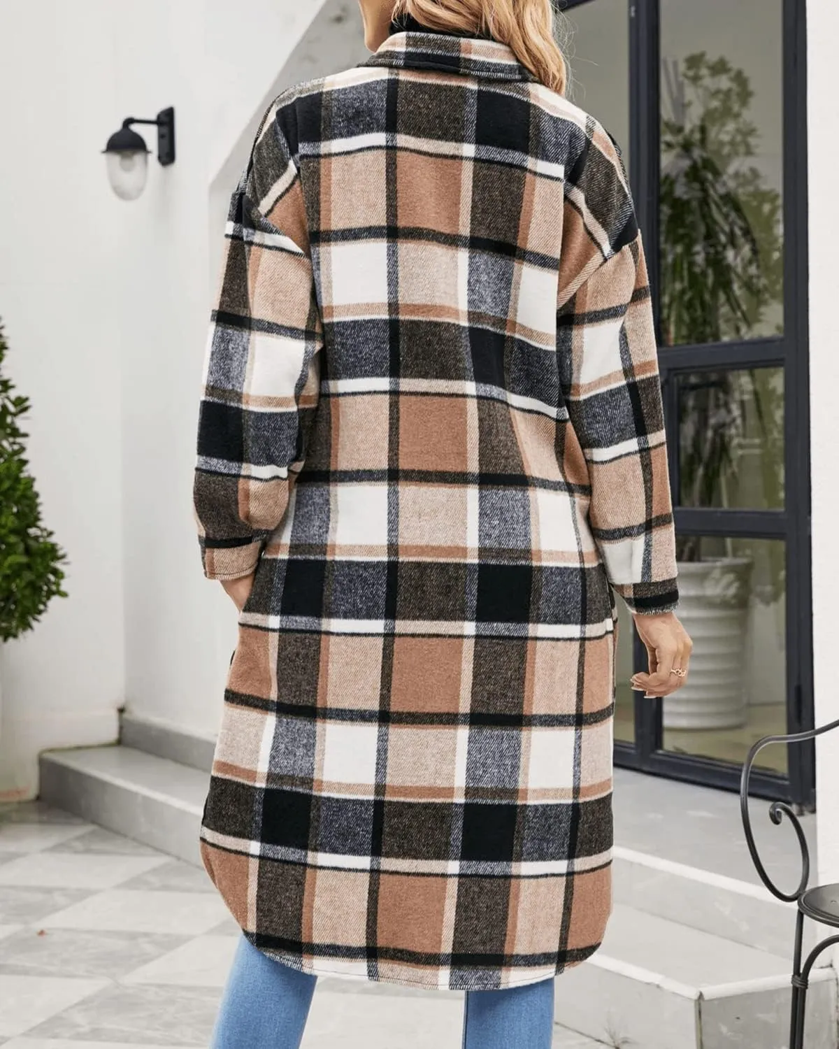 Womens Collared Faux Woolen Single Breasted Plaid Long Shirt Jacket Button Down Tartan Flannel Trench Coat