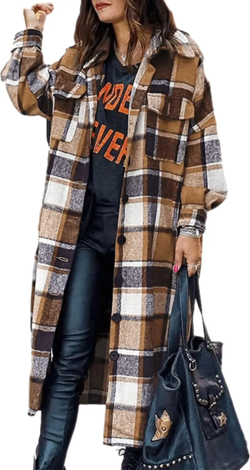 Womens Collared Faux Woolen Single Breasted Plaid Long Shirt Jacket Button Down Tartan Flannel Trench Coat