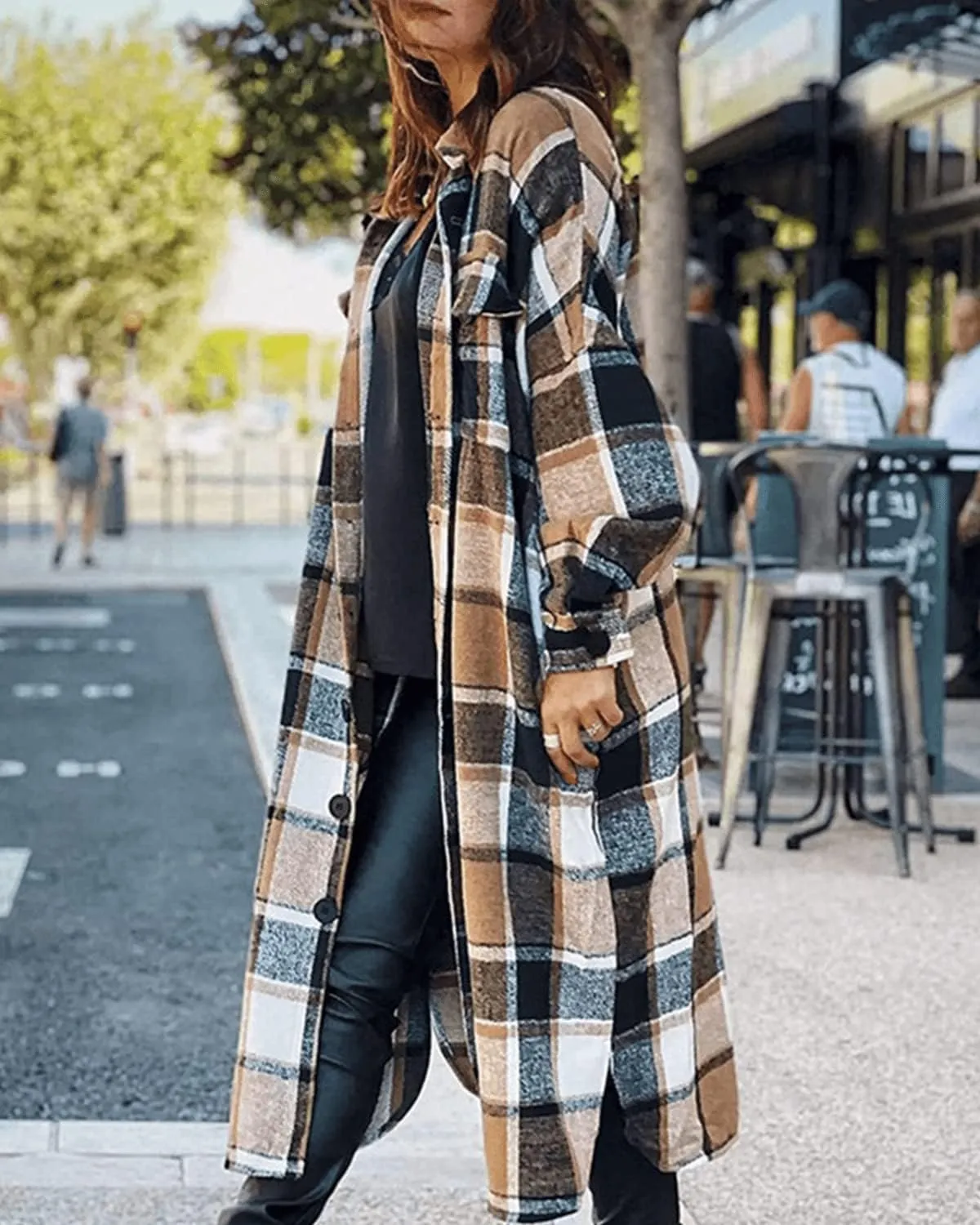 Womens Collared Faux Woolen Single Breasted Plaid Long Shirt Jacket Button Down Tartan Flannel Trench Coat