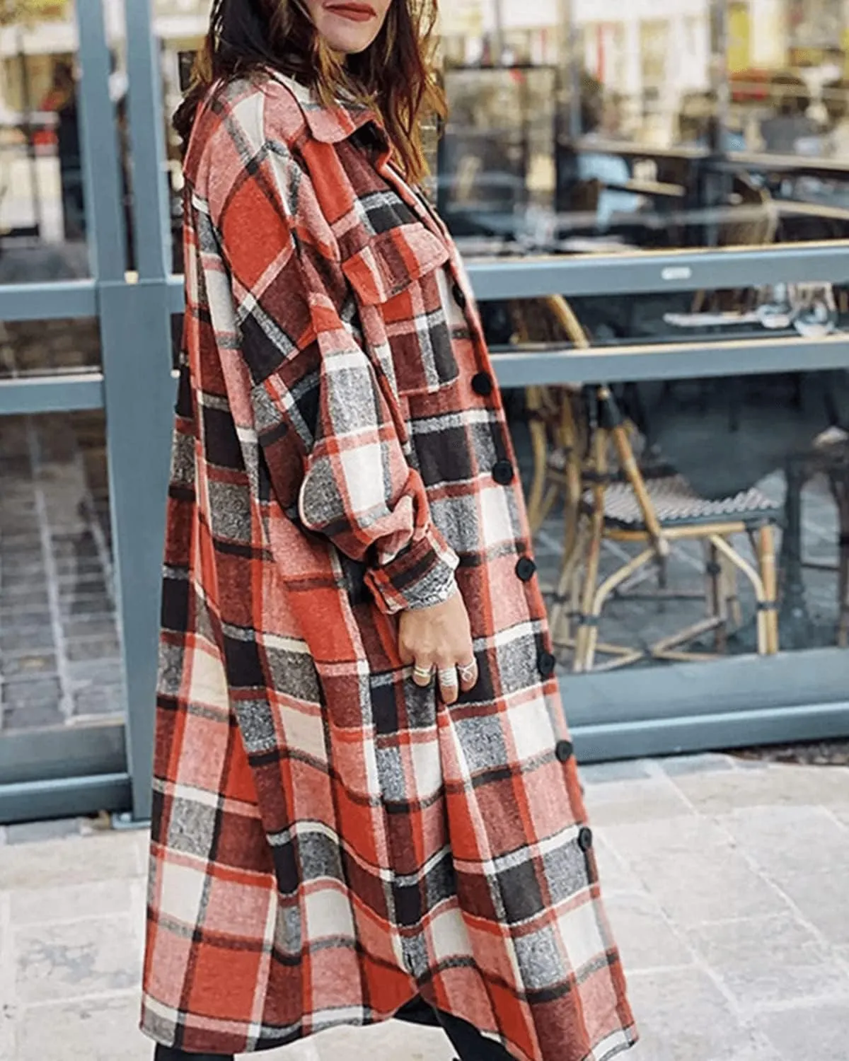 Womens Collared Faux Woolen Single Breasted Plaid Long Shirt Jacket Button Down Tartan Flannel Trench Coat