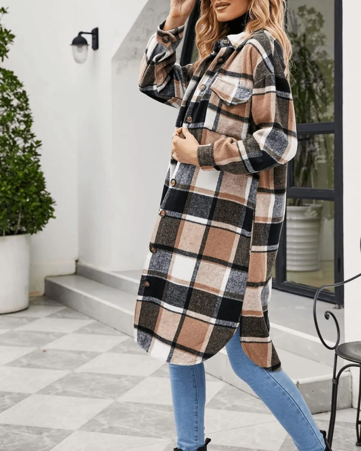 Womens Collared Faux Woolen Single Breasted Plaid Long Shirt Jacket Button Down Tartan Flannel Trench Coat