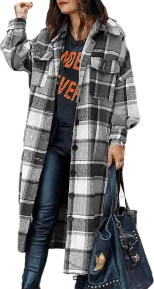 Womens Collared Faux Woolen Single Breasted Plaid Long Shirt Jacket Button Down Tartan Flannel Trench Coat