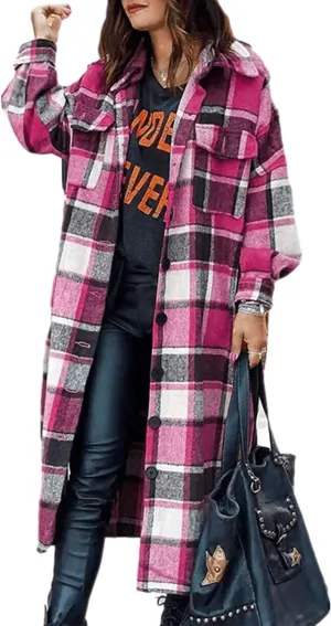 Womens Collared Faux Woolen Single Breasted Plaid Long Shirt Jacket Button Down Tartan Flannel Trench Coat