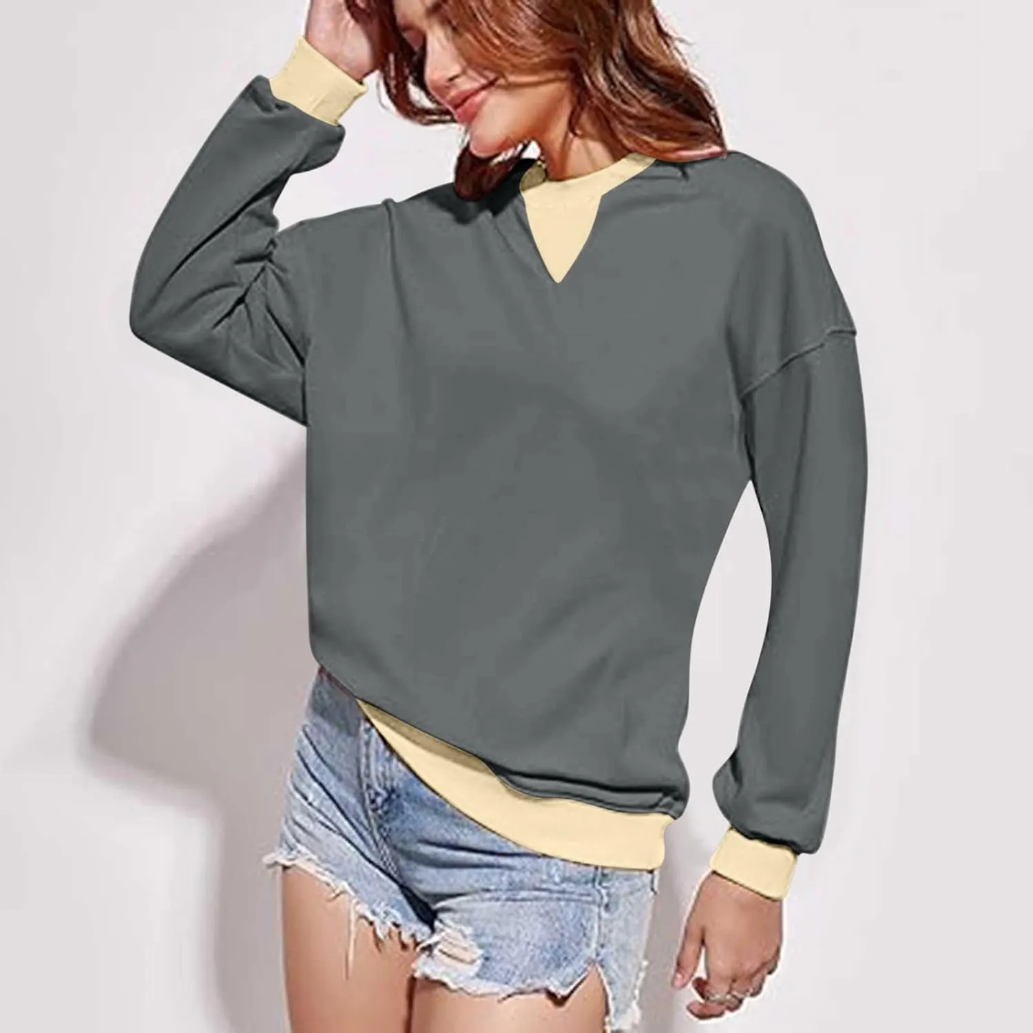 Womens Colorblock Shirt Casual Crew Neck Sweatshirt Fall Long Sleeve Sweatshirt Loose Fitting Tunic Tops Blouse